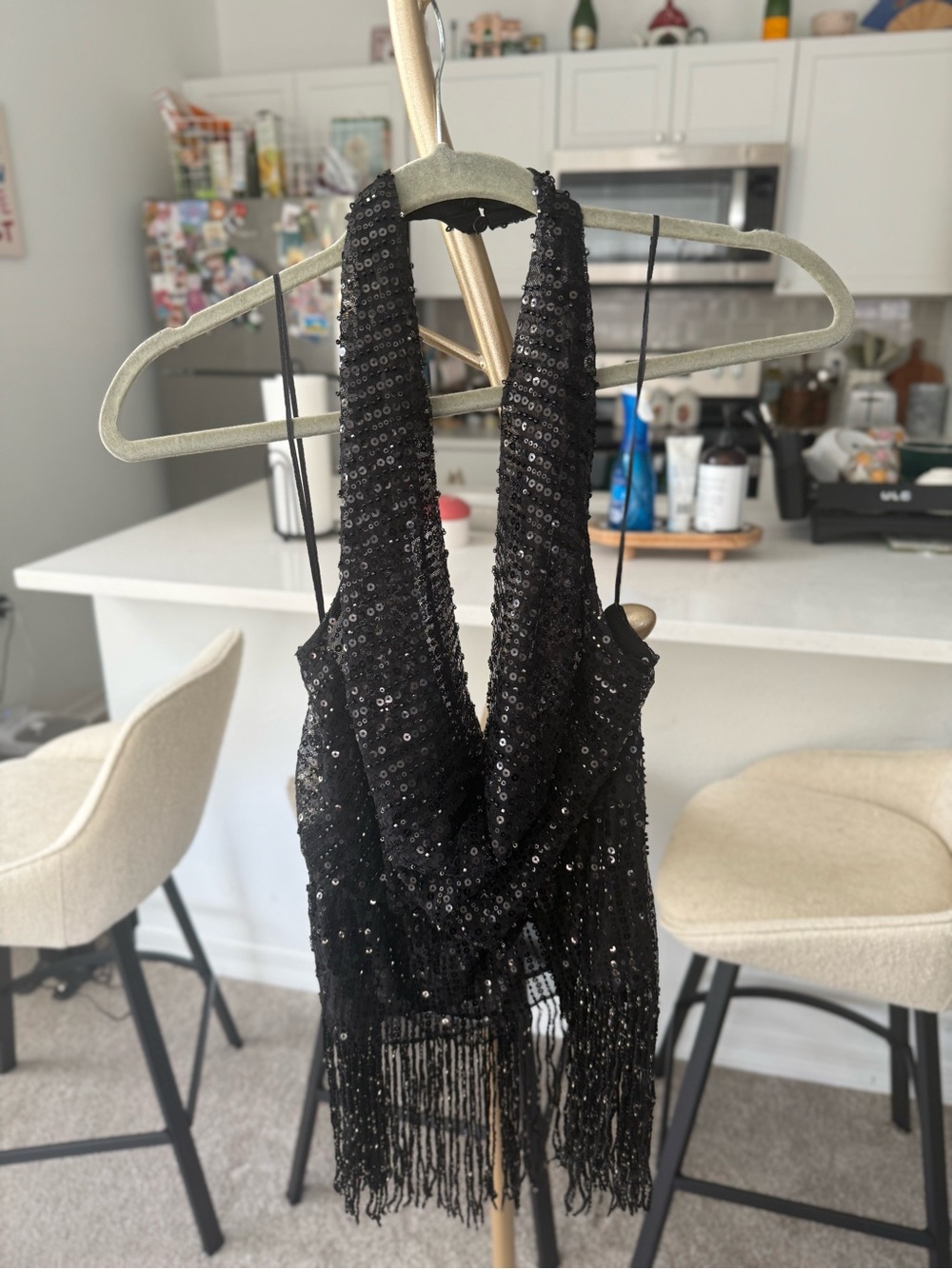 Zara Black Sequin Fringe Halter Top